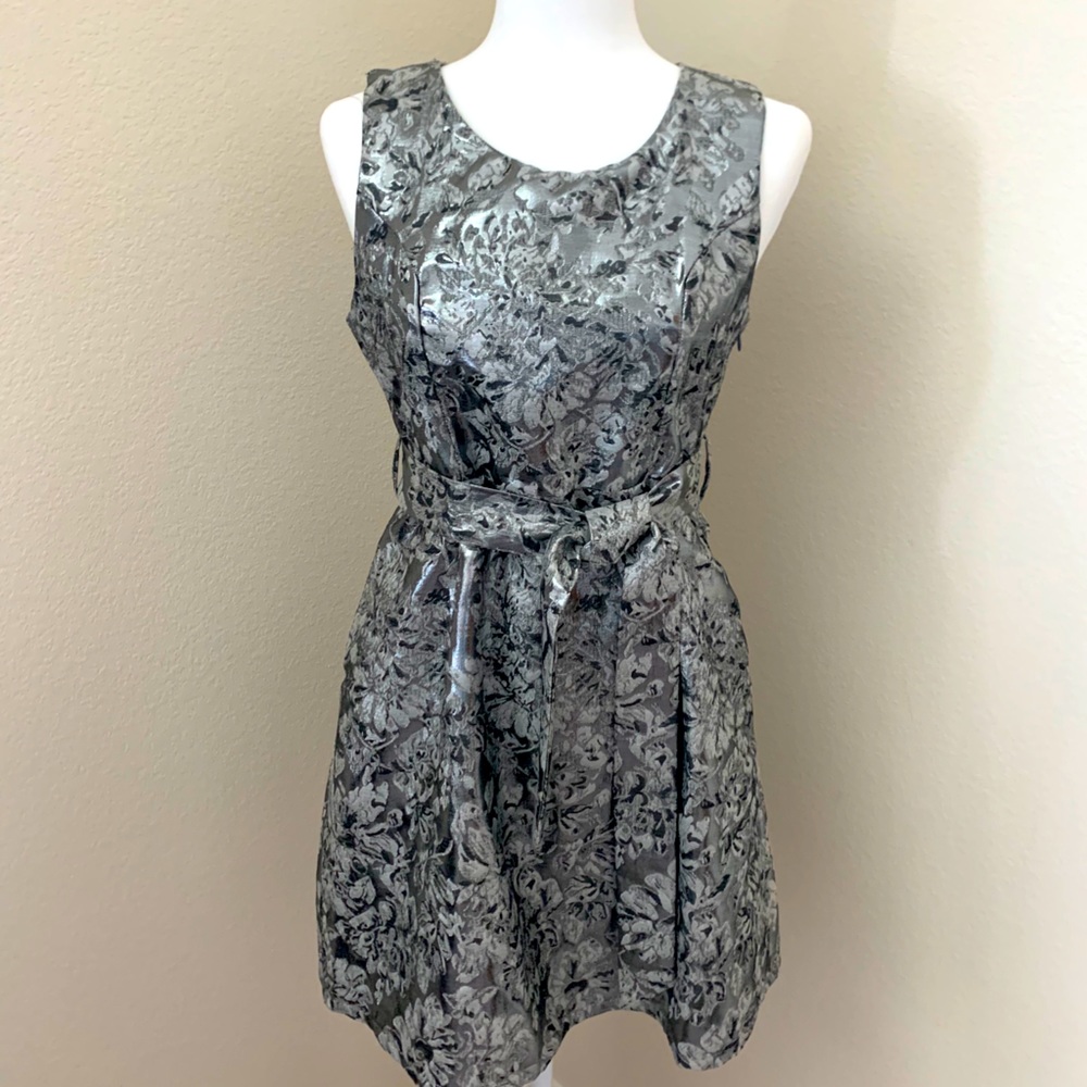 Metallic Silver Cocktail Dress w Tie Belt